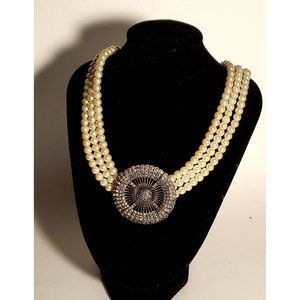 Heidi Daus 3 Strand Faux Pearl Necklace with Antiqued Belgium Disk Accented